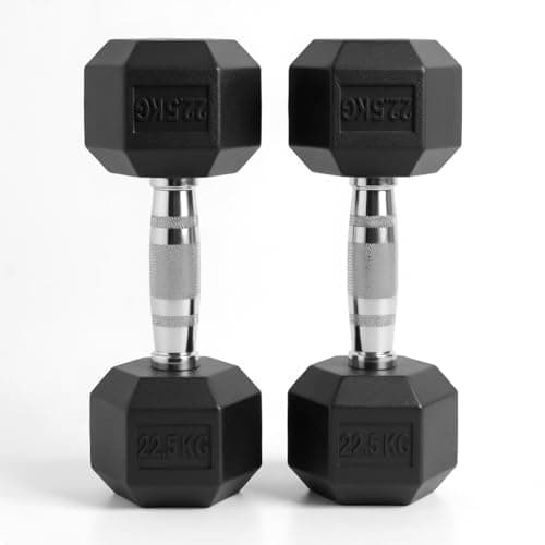 Image of Hex Dumbbells Pair (2.5kg–30kg) | Rubber-Encased Cast Iron Hand Weights Anti-Roll Hex Design Strength Training & Home Gym Fitness Equipment for Men & Women (Black, 22.5KG Pair)