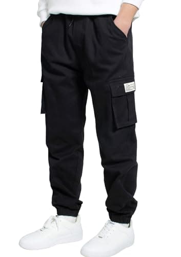 Image of LAUSONS Boys Cargo Trousers for Kids Joggers Pants Elastic Waist Casual with Multi Pockets Black 14-16 Years