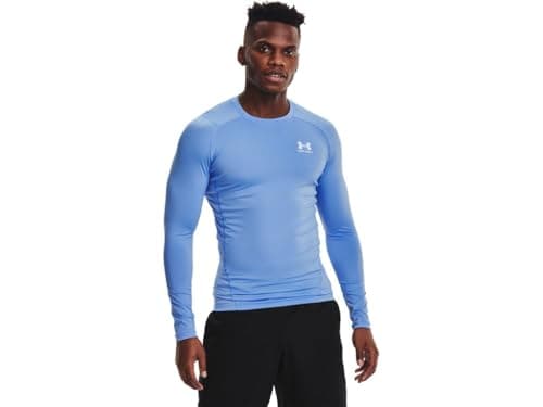 Image of Under Armour Men's HeatGear Compression Long-Sleeve T-Shirt Crew Neck Sweatshirt, Carolina Blue (475)/White, X-Large