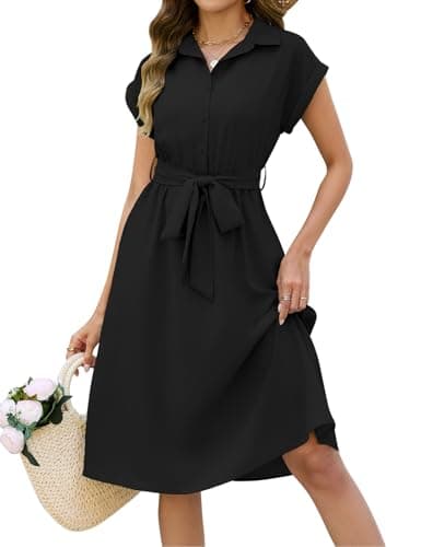 Image of HEEKPEK Summer Dresses for Women Elegant V Neck Button Midi Dresses Casual Short Sleeve Shirts Dress with Pockets for Ladies Solid Color (Black, M)