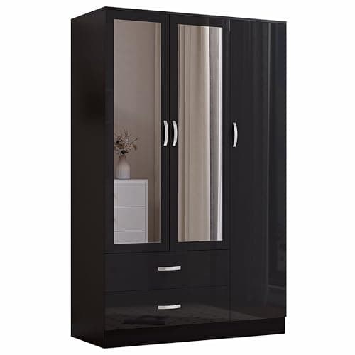 Image of Nera 3 Door Wardrobe with Mirror Shelves and Hanging Rail Tall Wardrobes for Bedrooms Storage (Gloss Black (Matt Black))