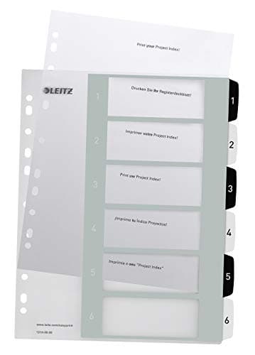 Image of Leitz WOW Printable Index, Extra-Wide, 1-6 Numbered Tabs, PP, A4, White/Black