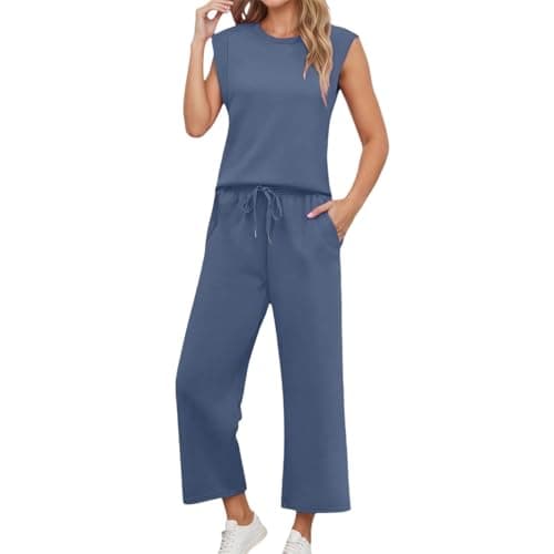 Image of Generic Casual Women's Sleeveless Jumpsuit Set with Round Neckline Loose Fit Two-Piece Outfit Tank Top Pants Comfortable Summer Clothing, blue, XXL