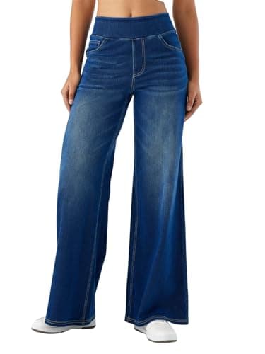 Image of SotRong Wide Straight Leg Baggy Jeans for Women High Elastic Waisted Pull On Jegging Tummy Control Palazzo Denim Pants Casual Soft Loose Stretchy Curve Sweatpant Jean Trousers Navy Blue M