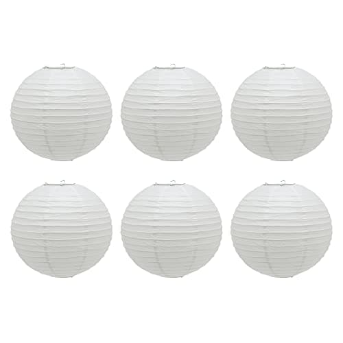 Image of Pack of 6 x 30cm Round White Paper Light Shade Lantern | Classic Bamboo Style Ribbed Paper Lampshade | Hanging Circle Ceiling Lightshade