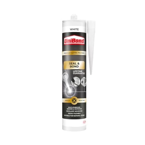 Image of Unibond Seal & Bond Sealant, Mould-Resistant Sealant Suitable for Use in Kitchens and Bathrooms, White, 1 x 389g Cartridge