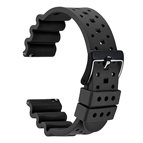 Image of WOCCI 22mm Ventilated Watch Strap for Men (Not Silicone), FKM Rubber, Black Buckle (Black)