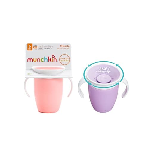Image of Munchkin Miracle 360 Sippy Cup | Trainer Toddler Cup | BPA Free Baby & Toddler Cups w.Handles | Non Spill | Dishwasher Safe Baby Cup | Leakproof | 6+ Months | 7oz/207ml | 2 Pack |Pink/Purple