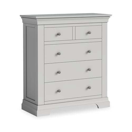 Image of RoselandFurniture Colette Grey Chest of Drawers for Bedroom | Traditional Tall 2 Over 3 Painted Solid Pine Large Wooden Storage Chest with 5 Draws and Plinth Base | Fully Assembled