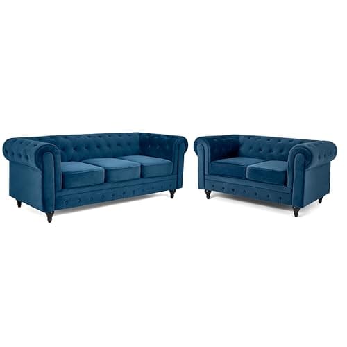 Image of Bravich Velvet Chesterfield Sofa Set | 2 & 3 Seater Suite | Soft Plush Fabric | Foam Seat Cushions | Scroll Arms | Button Studded Back | Living Room | Navy Blue