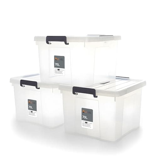 Image of AL AJAL 3 x 70 Litre Underbed Storage Boxes with Lids Set of 3, Clear Multipurpose Nestable Stackable Plastic Storage Box With Lid 70L Clear Containers For Home, Kitchen, Garage, Office, Accessories