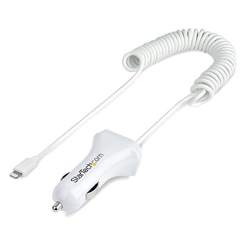 Image of StarTech.com Lightning Car Charger with Coiled Cable, 1m Coiled Lightning Cable, 12W, White, 2 Port USB Car Charger Adapter for Phones and Tablets, Dual USB In Car iPhone Charger (USBLT2PCARW2)