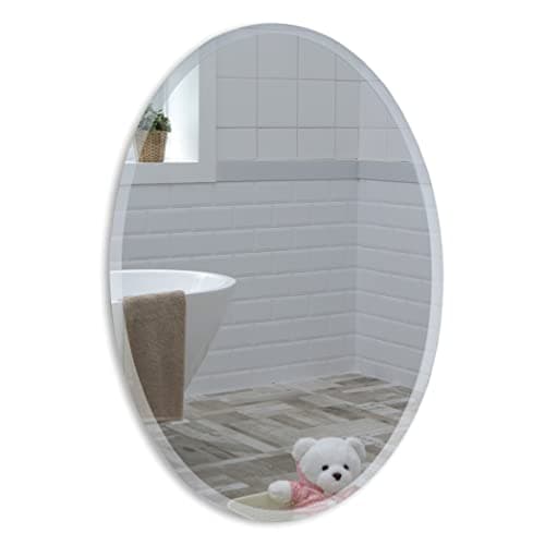 Image of Neue Design Mood® Premium Oval Bathroom Mirror, Wall Mounted Bevelled Frameless Mirrors, Hangs Both Ways, Toilet Bedroom Hallway, (50cm x 40cm)
