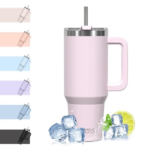 Image of WATERSY Travel Mug Coffee Cup 40oz Tumbler Straw Lid and Handle, Stainless Steel Double Wall Vacuum Insulated Coffee Water Bottle Thermal for Cold Hot Coffee 1182ml Rose Quartz