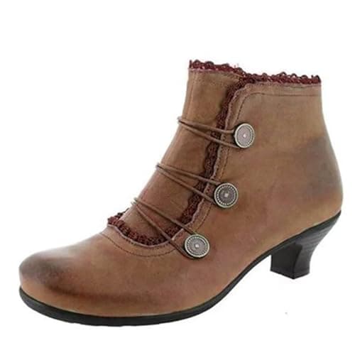 Image of Generisch Womens Round Toe Retro Lace Up Round Buckle Short Low Heel Leather Boots, brown, 6 UK