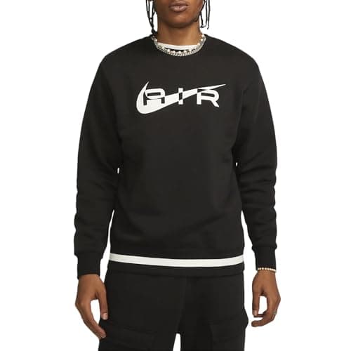 Image of NIKE Air Mens Sweatshirt Swoosh Crew Neck Fleece Lined Top FN7692 (UK, Alpha, L, Regular, Regular, Black/White)