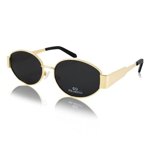 Image of JiSoo Gold Polarised Sunglasses Womens - Retro Oval Sunglasses Vintage 90s Sun Glass Women, Black
