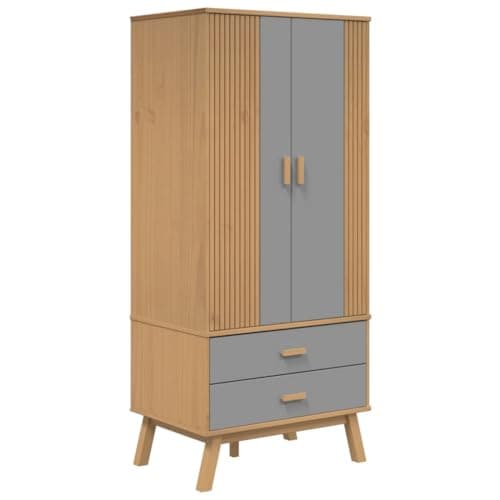 Image of vidaXL OLDEN Wooden Wardrobe - Grey/Brown, Solid Pine, Scandinavian-Style, Bedroom Storage Cabinet, 2 Drawers, 1 Large Compartment, 76.5x53x172cm, 358595