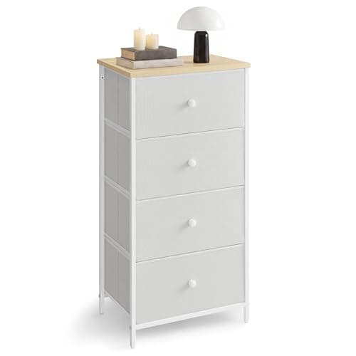 Image of SONGMICS Chest of Drawers Bedroom, Drawer Storage Unit, Dresser with 4 Fabric Drawers, Metal Frame, Tall and Slim, for Closet, White and Oak LTS314W57