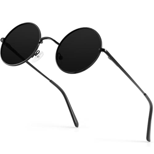 Image of ANYLUV Round Sunglasses Mens Polarised Sunglasses for Women UV Protection Retro Black Sun Glasses Circle Sun Glasses Hippie Travelling Driving