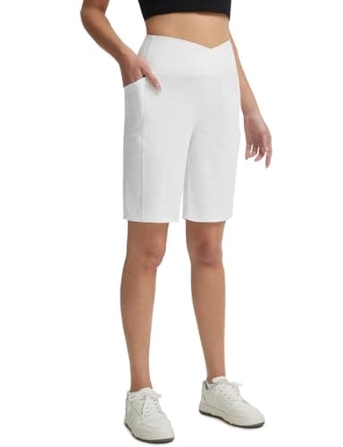 Image of baleaf Women's Bermuda Shorts 9" Above Knee Length with Pockets High Waisted Ladies Short Walking Athletic Casual Summer Star White L