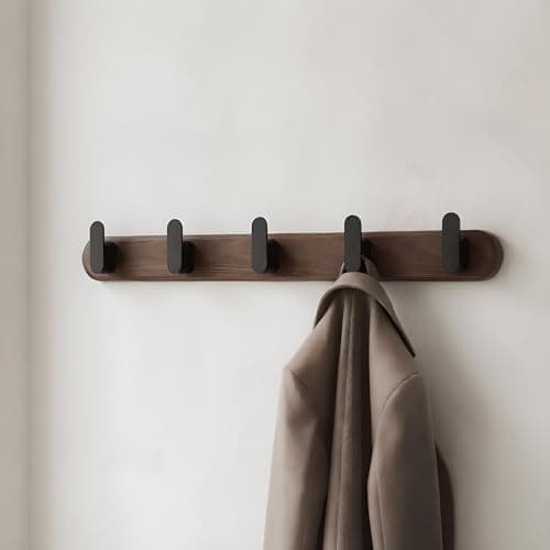 Image of Jugen Coat Hooks Wall Mounted – Solid Black Walnut Wooden Coat Rack, 5 Matte Black Heavy Duty Hooks for Coats, Clothes & Bags, Hidden Mount Design - 50 cm (No Drill Adhesive or Screw Fixing)