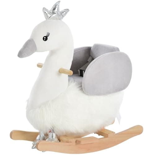 Image of HOMCOM Kids Rocking Horse, Children Plush Ride On Swan Animal Rocker w/Sound, Wood Base Seat, Seat Belt, Baby Toy Rocker for Toddler 18-36 Months, White and Grey