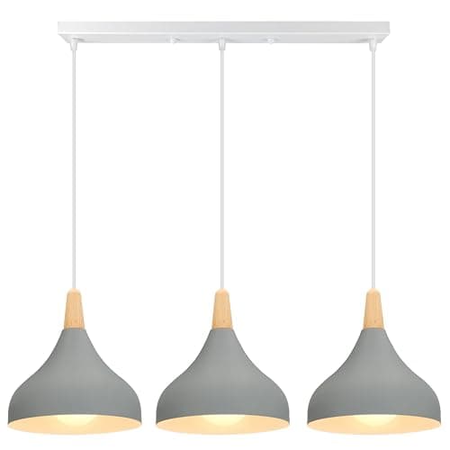 Image of iDEGU 3 Retro E27 Pendant Light Modern Style Drop Hat Ceiling Light Metal Wood Ceiling Lamp for Dining Room Living Room Kitchen Diameter 20 cm (Grey, Bar)