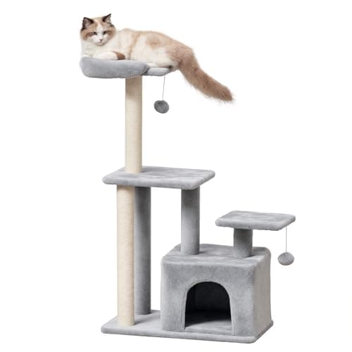 Image of PawHut Cat Tree Tower for Indoor Cats 114cm Climbing Activity Centre Kitten with Sisal Scratching Post Perch Hanging Ball Condo Toy Light Grey