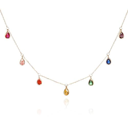Image of namana Colourful Gold Necklaces for Women and Teenage Girls in 925 Sterling Silver with Hanging Pear Shaped Rainbow Charms, Dainty Gold Necklace for Women with Coloured Cubic Zirconia Stones
