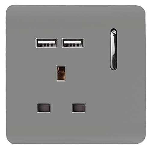 Image of Trendi 1 Gang Single Switched Screwless Artistic Modern Glossy 13 Amp 2x Type A 2.1A USB Charging Port 13A Wall Outlet Plug Socket in Light Grey - ART-SKT13USBLG