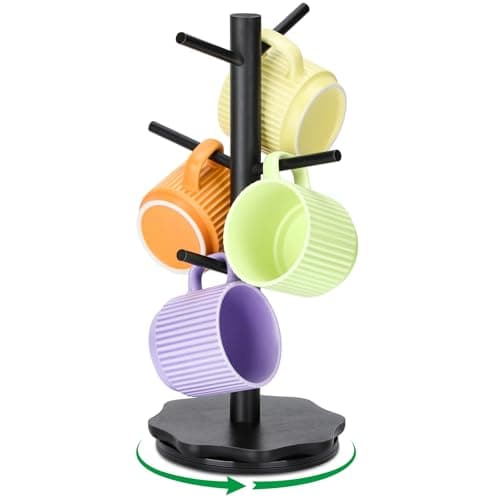 Image of Euqvunn 360° Rotating Black Mug Tree, Kitchen Countertops Coffee Cup Holder, Sturdy Petal Wooden Base Cup Holder, Mug Holders for Kitchen Coffee Bar, Storage Rack with 6 Hooks - Black