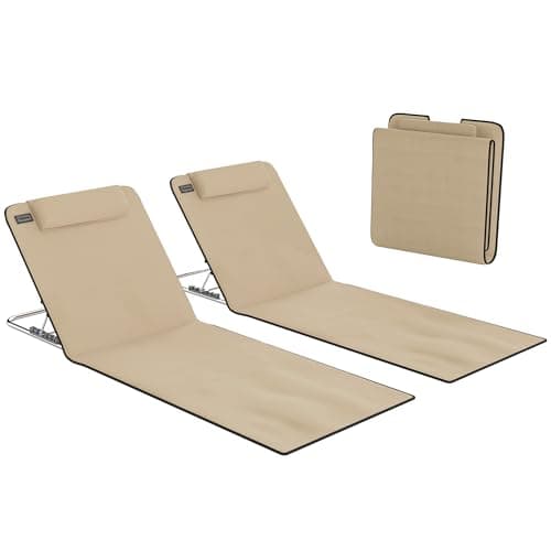 Image of Outsunny Set of 2 Foldable Garden Beach Chair Mat Lightweight Outdoor Sun Lounger Seats Adjustable Back Metal Frame PE Fabric Head Pillow w/Carry Bag, Beige