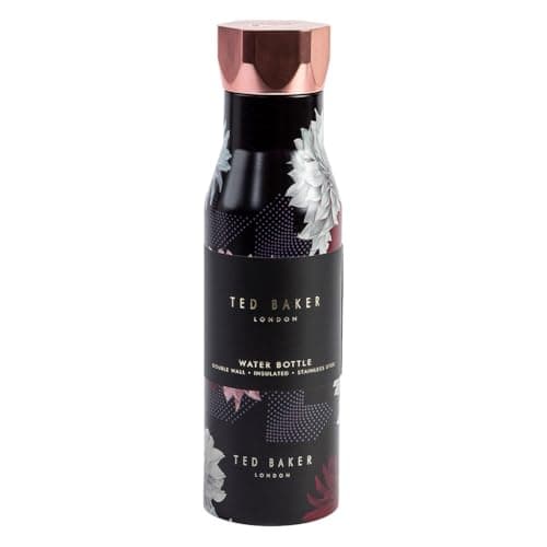 Image of Ted Baker Double Walled Insulated Water Bottle, Black Clove Floral Design, Stainless Steel, Rose Gold Hexagonal Lid, 425ml
