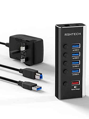 Image of RSHTECH 5-Port Powered USB Hub, 24W USB 3.0 Splitter with 4 USB 3.0 Data Ports +1 USB Fast Charging Port, Individual on/off Switches and 12V/2A Power Supply