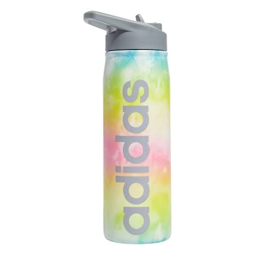 Image of adidas 600 ML (20 oz) Straw Top Metal Water Bottle, Hot/Cold Double-Walled Insulated 18/8 Stainless Steel, Stone Wash Rainbow/Grey, 20 Ounces