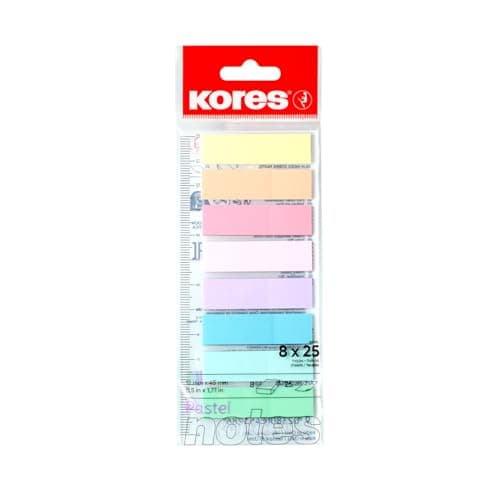 Image of Kores Pastel Film Index Tabs - Self-Adhesive Page Markers for Study Planners, Books and Office Filing, 12 x 45 mm, 8 Assorted Pastel Colours, 25 Sheets per Colour