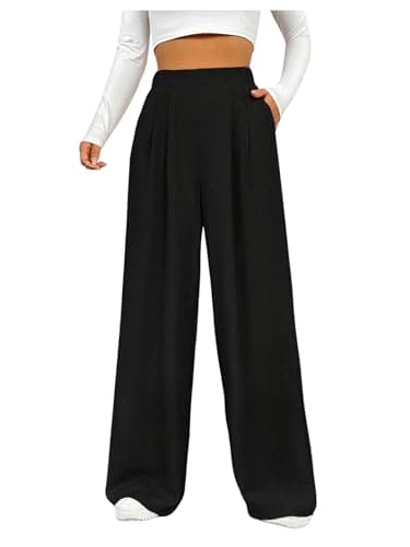 Image of GORGLITTER Women's Elasticated Waist Wide Leg Trousers Pleated Oversized Plain Pants Straight Light Weight Bottom Black L