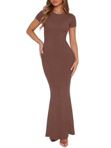 Image of REORIA Women's Summer Sexy Casual Lounge Long Dress Elegant Wedding Guest Short Sleeve Crew Neck Bodycon Maxi Dresses Coffee M