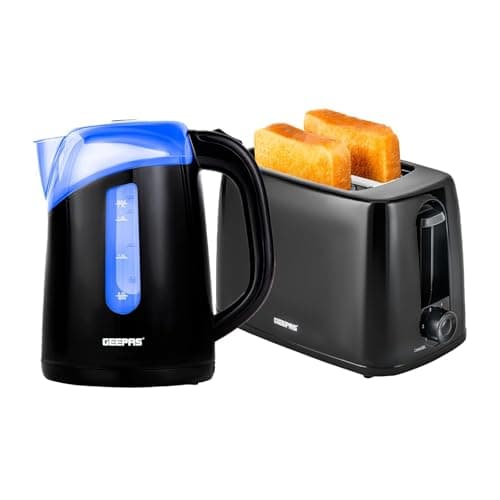 Image of Geepas 650W 2 Slice Bread Toaster & 2200W Illuminating Electric Kettle Combo Set - 1.7L Cordless Jug Kettle for Hot Water Tea, Toaster with 6 Level Browning Control, Cancel - 2 Year Warranty Black