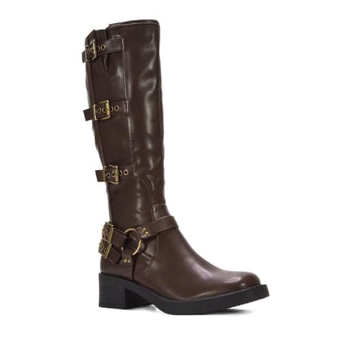 Image of ESSEX GLAM Women's Cobra Buckle Harness Knee High Boots Ladies Brown Synthetic Leather Square toe Western Biker Riding Size 6