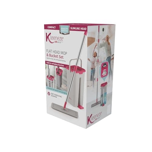 Image of Kleeneze Flat Head Mop & Bucket Set – Built-In Wringing Function, Dirt-Removing Scraper, Compact Design, Slimline, Vinyl, Tile & Wood, 5l Capacity, Twin Compartment, Soaking/Wringing, Machine Washable