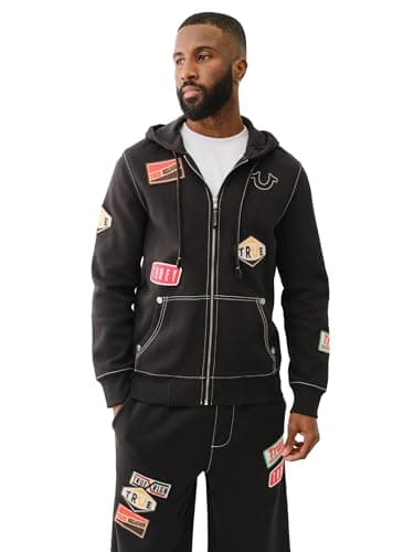 Image of True Religion Patch Big-T Zip Hoodie - Jet Black | Full Zip Sweatshirt, Jet Black, 3XL