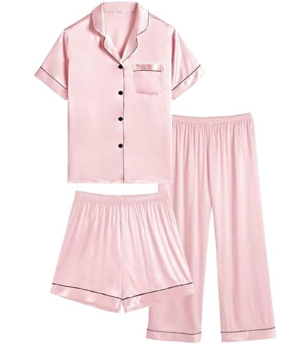 Image of SWOMOG Satin Pyjamas for Teenage Girls Short Sleeve Button-Down Pjs 3 Pcs Kids Nightwear Short Sleeve Lounge Sets Pink 12-13 years old