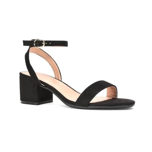 Image of ESSEX GLAM Women's Low Block Heel Sandal Ladies Black Faux Suede Open Toe Strappy Ankle Strap Dress Shoes Size 5
