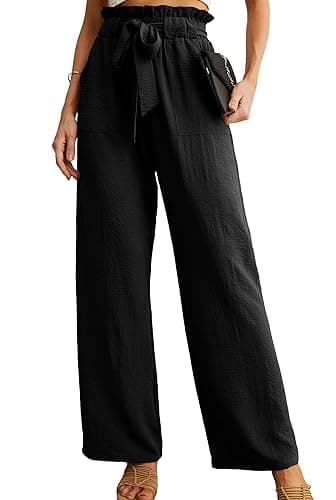 Image of IWOLLENCE Black Trousers Women Wide Leg Trousers for Women UK Palazzo Trousers Elasticated High Waist Ladies Work Casual Pleated Paperbag Pull On Trousers