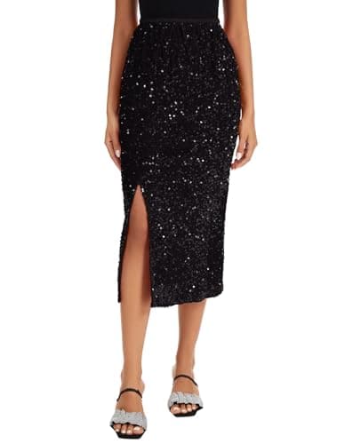 Image of Kyzoeyou Sequin Velvet Skirt Women's Elastic High Waist Skirts Bodycon Sparkle Split Hem Midi Dress for Party Club Night Out(Black Medium)