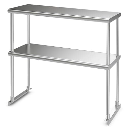 Image of TANGZON Stainless Steel Double Overshelf, 36/48x12 Inch Heavy Duty Catering Table with Adjustable Shelf, Commercial 2 Tier Shelf Food Prep Table Workbench for Home Kitchen (92 x 30 x 85cm)