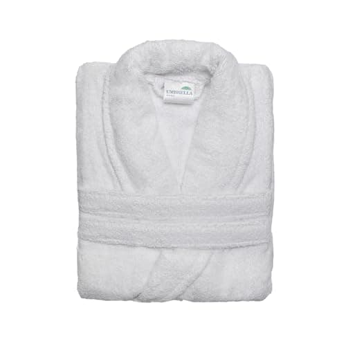 Image of Umbrella Outdoors Premium Cotton Terry Toweling Bathrobe - Unisex Spa & Hotel Quality Gown, Extra Soft & Absorbent Thick Towel Bathrobes for Men & Women Towel (UK, Alpha, L, Regular, Regular, White)