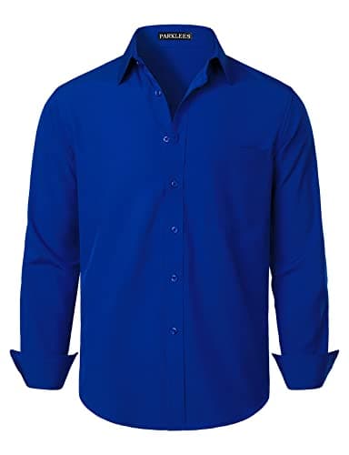 Image of PARKLEES Men's Regular Fit Dress Shirt Solid Wrinkle-Free Long Sleeve Casual Business Button Up Shirts with Pocket PZSSCL05-Royal Blue S